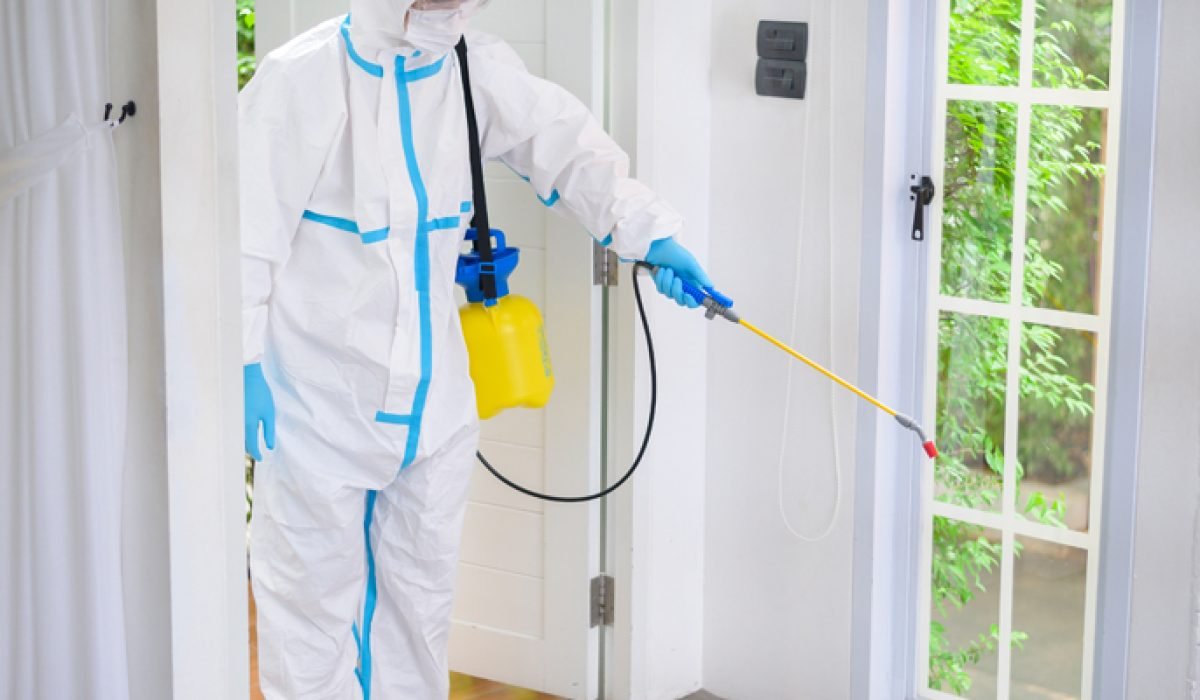 A medical staff in PPE suit is using disinfectant spray in living room, Covid-19 protection , disinfection concept .
